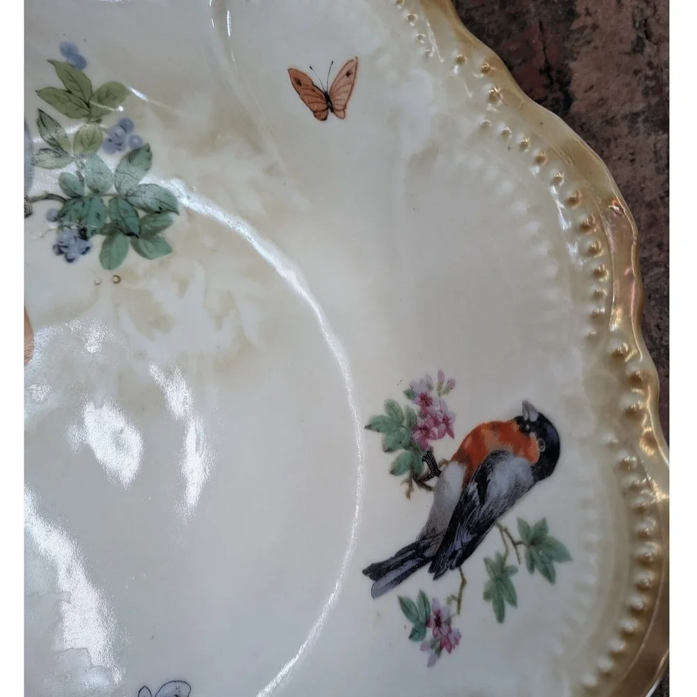 Vintage Leuchtenburg Germany Porcelain Birds Butterfly GoldTrim Lusterware Bowl